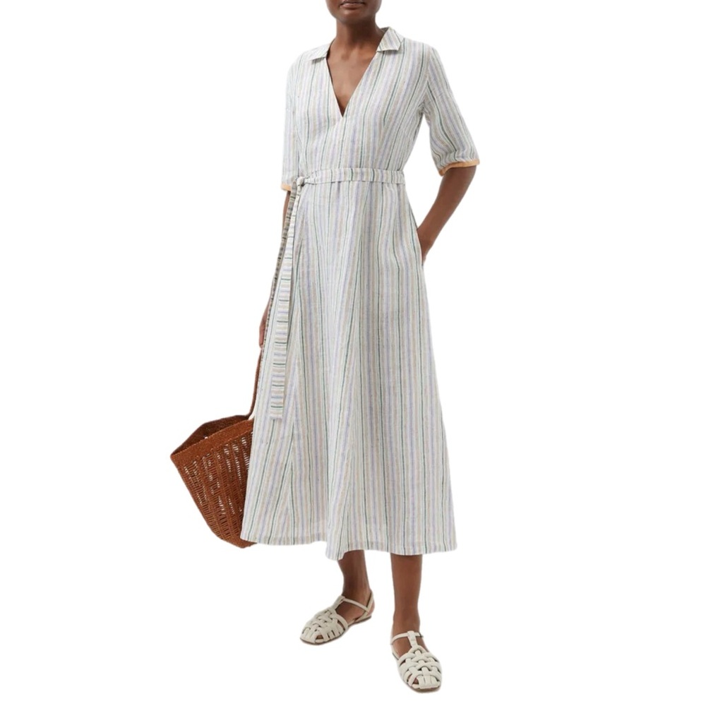 EMPORIO SIRENUSE Ottavia Waist-Tie Striped-Linen Midi Dress